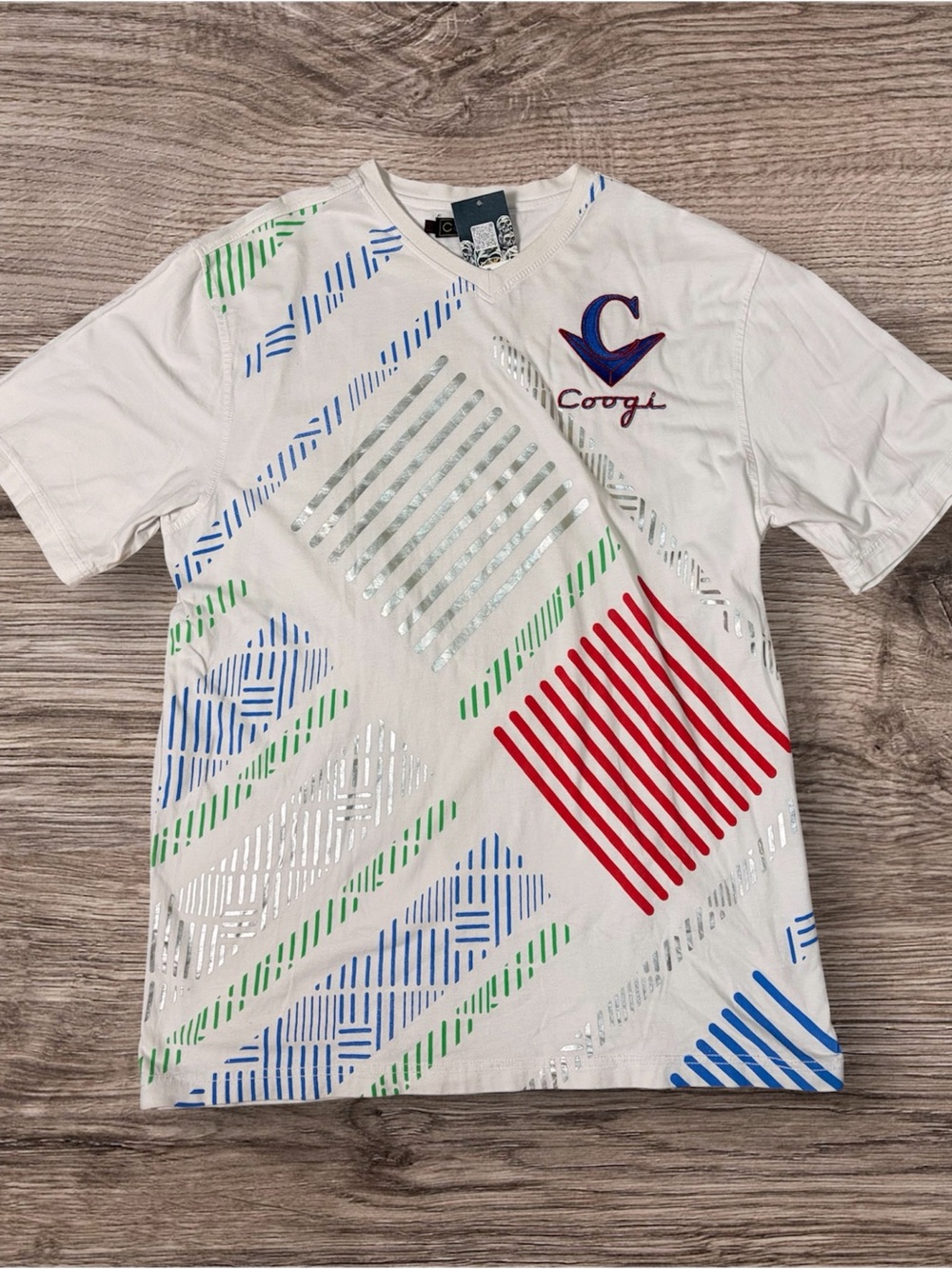 COOGI White Short Sleeve Tee with Red, Blue, Green & Silver Accents
